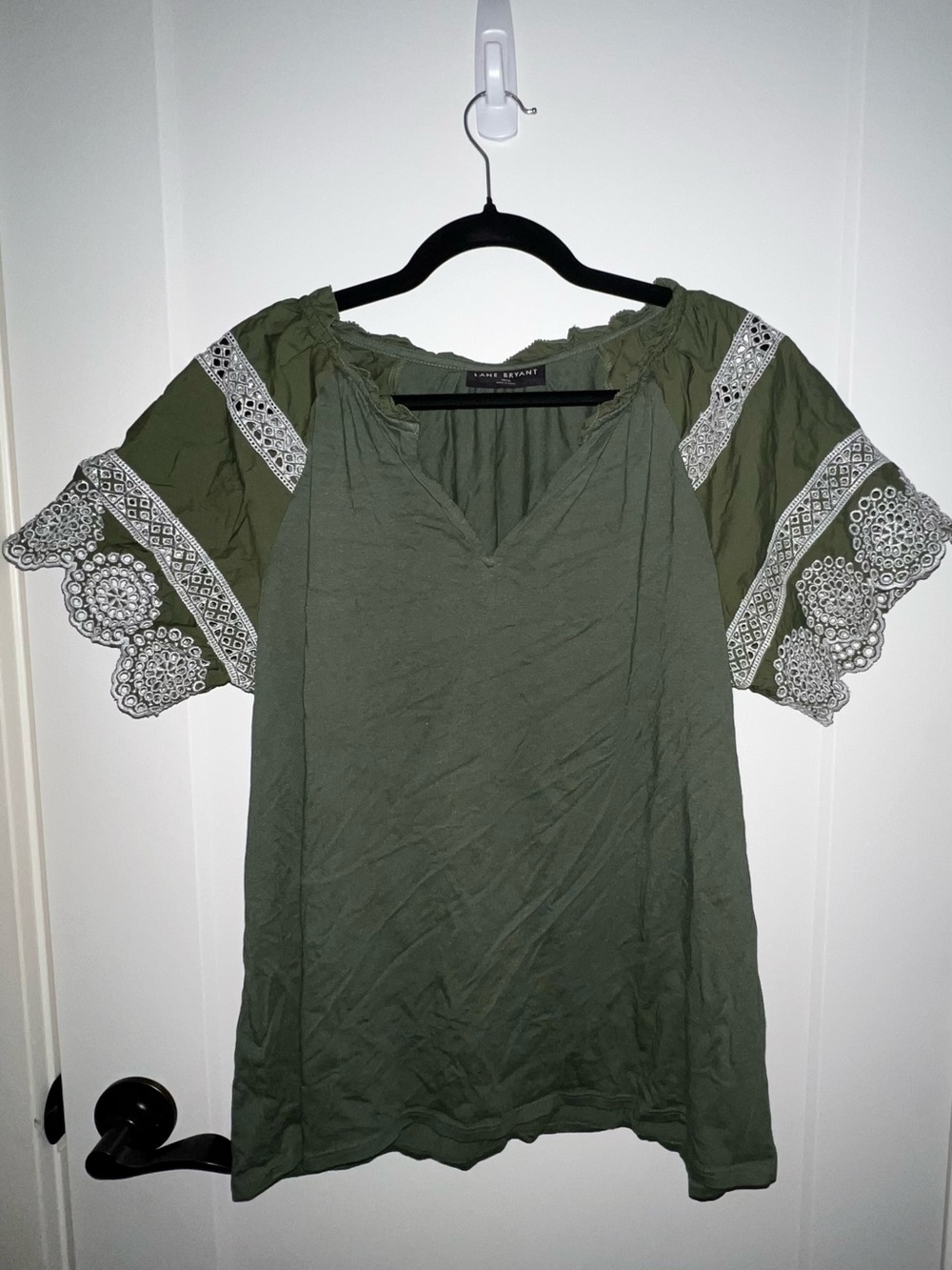 Lane Bryant Olive Green Embroidered Eyelet Sleeve Top - NWOT
